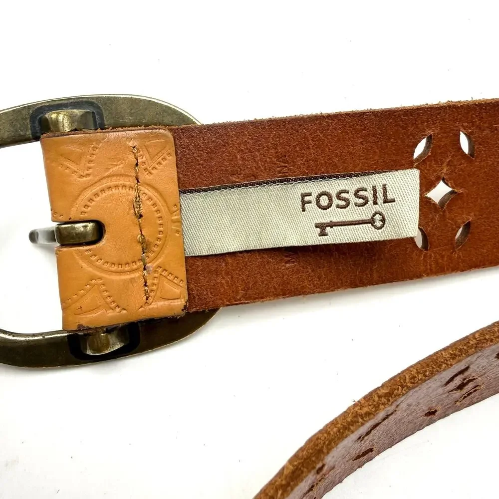 Fossil Boho Belt M 34 Tan Leather Tooled Pinwheel Cut Outs Western Hippie Y2K
